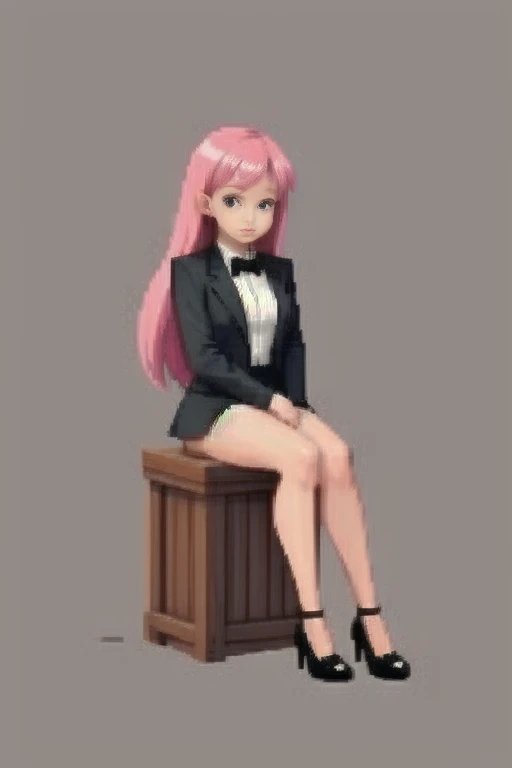 raise your heels, Sit down and show your butt from the front, holding my knees, blazer jacket, long pink hair, cute, Pixel art