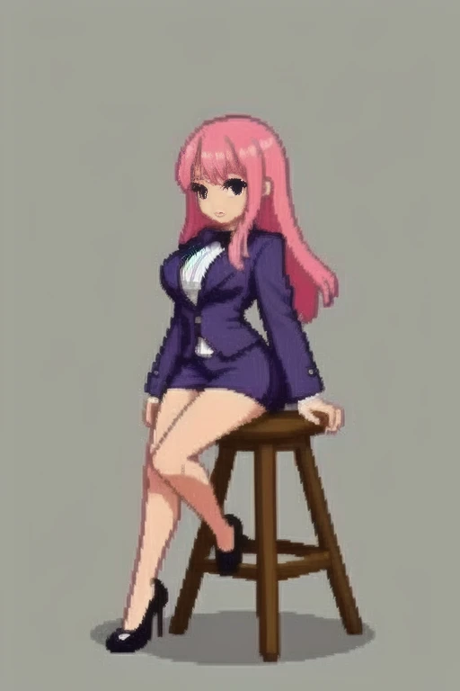 raise your heels, sit down and show your butt from the front, holding my knees, blazer jacket, long pink hair, cute, pixel art