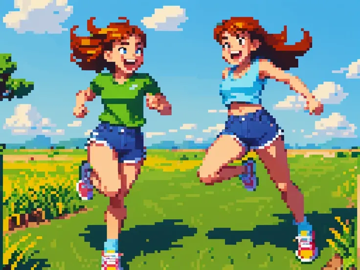 (best quality,4k,8k,highres,masterpiece:1.2),ultra-detailed,(realistic,photorealistic,photo-realistic:1.37),pixel art,girl jumping,running,dynamic pose,cartoonish style,retro colors,vibrant atmosphere,playful expression,green grass,blue sky,scattered cloud...