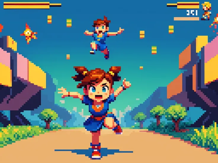 (best quality,4k,8k,highres,masterpiece:1.2),pixel art,girl jumping and running,colorful,retro style,dynamic movement,playful,energetic,smooth animation,expressive facial features,pixilated environment,80s video game style,vibrant colors,overlapping layers...