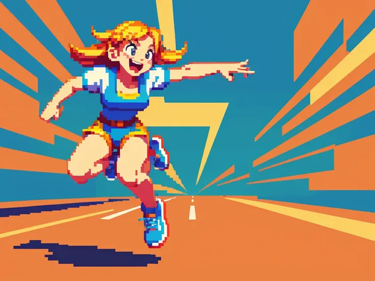 (best quality,4k,8k,highres,masterpiece:1.2),pixel art,girl jumping and running,colorful,retro style,dynamic movement,playful,energetic,smooth animation,expressive facial features,pixilated environment,80s video game style,vibrant colors,overlapping layers...