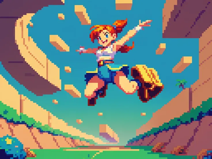 (best quality,4k,8k,highres,masterpiece:1.2),pixel art,girl jumping and running,colorful,retro style,dynamic movement,playful,energetic,smooth animation,expressive facial features,pixilated environment,80s video game style,vibrant colors,overlapping layers...