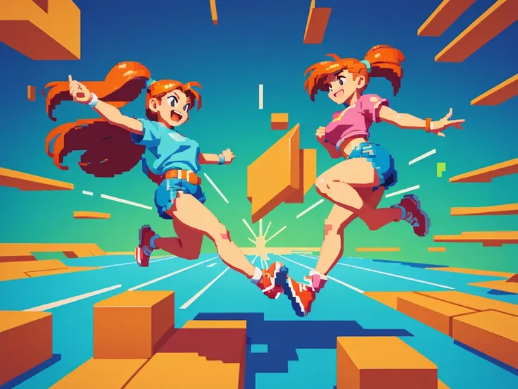 (best quality,4k,8k,highres,masterpiece:1.2),pixel art,girl jumping and running,colorful,retro style,dynamic movement,playful,energetic,smooth animation,expressive facial features,pixilated environment,80s video game style,vibrant colors,overlapping layers...