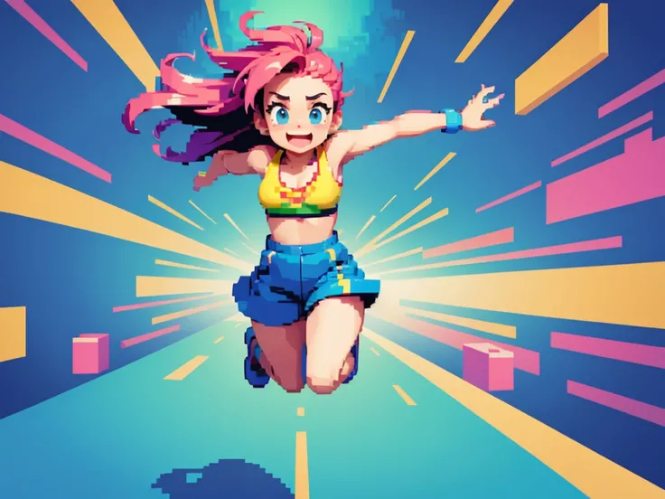 (best quality,4k,8k,highres,masterpiece:1.2),pixel art,girl jumping and running,colorful,retro style,dynamic movement,playful,energetic,smooth animation,expressive facial features,pixilated environment,80s video game style,vibrant colors,overlapping layers...