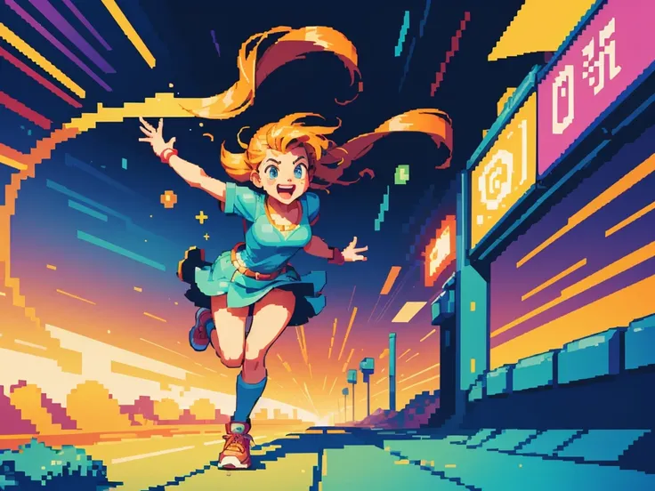 (best quality,4k,8k,highres,masterpiece:1.2),pixel art,girl jumping and running,colorful,retro style,dynamic movement,playful,en...