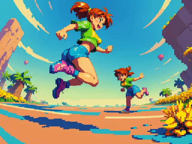 (best quality,4k,8k,highres,masterpiece:1.2),pixel art,girl jumping and running,colorful,retro style,dynamic movement,playful,energetic,smooth animation,expressive facial features,pixilated environment,80s video game style,vibrant colors,overlapping layers...