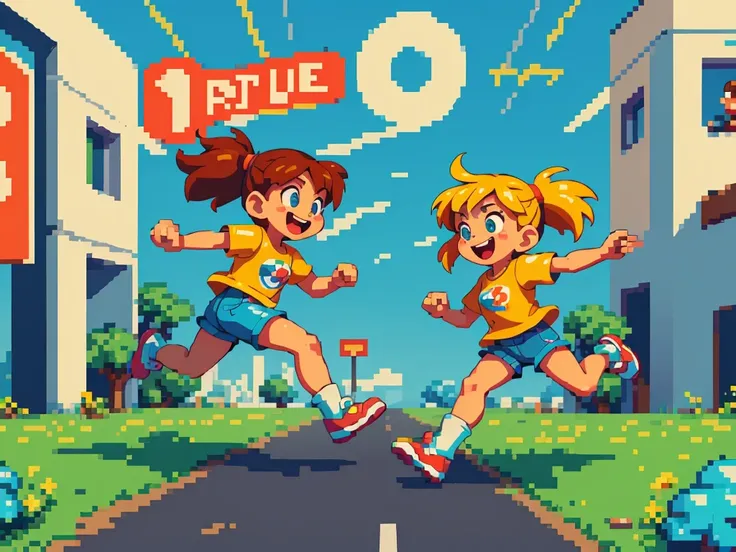 (best quality,4k,8k,highres,masterpiece:1.2),pixel art,girl jumping and running,colorful,retro style,dynamic movement,playful,en...