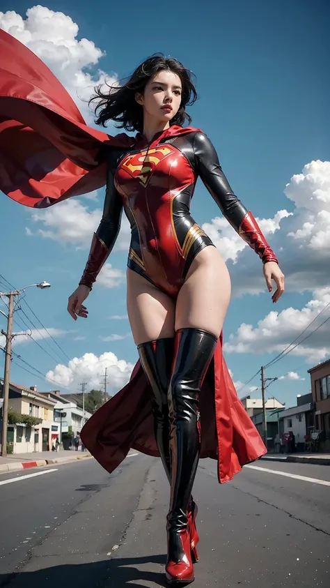 Woman wearing detailed and glossy SuperMan costume with full sleeves covering the entire body, short black hair, serious face, (flying in sky), vivid colors, dramatic lighting, red cape, cinematic costume, carbon fiber detailed suit,red boots,red over-the-...