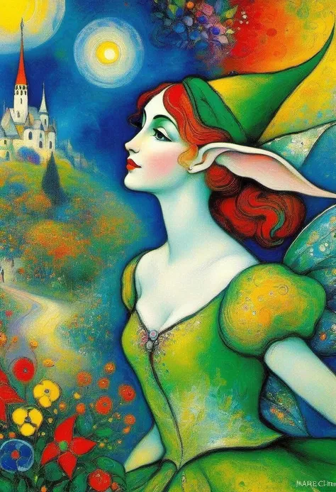 Super detail beautiful elf-girl 30 years old ((Marc Chagall style)), magical naive art, primitivism, protogen, ((Best quality, masterpiece)), ((((Highest detail), Impressionism:1.1, 8K