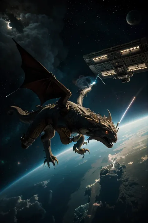 flying futurestic dragon smoking weed and attacking a space station