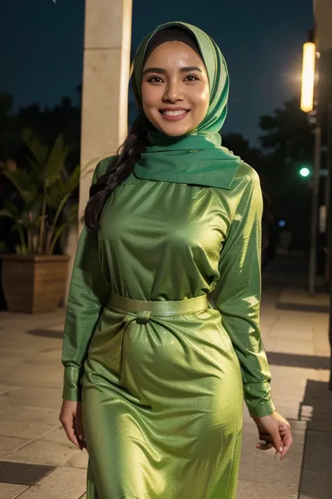 Cute malay girl in hijab wearing bright green baju kurung with seducing pose, big smile, laughing, happy, big front teeth, bustling nighttime city, wearing hijab, bright golden color hijab, , small breast, flat chest, wide waist, thick thighs bright lighti...