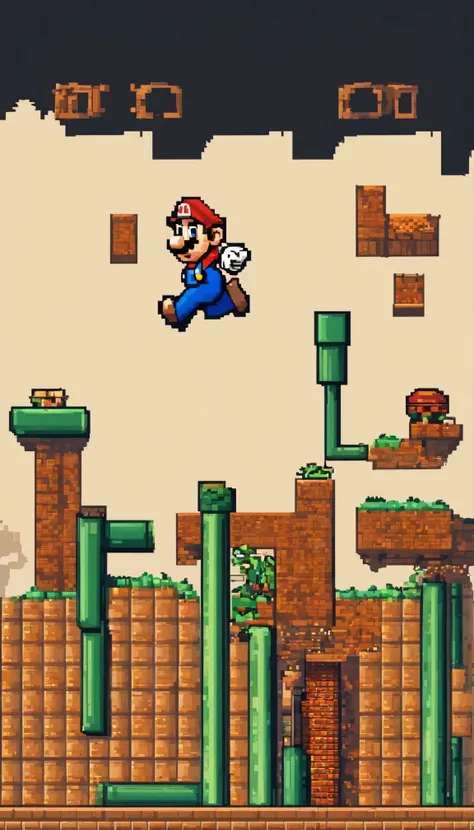  A pixel art work based on Super Mario，Shows the moments of classic game characters during their adventures。in the screen，Super Mario is jumping hard，Try to collect mushrooms and dodge bricks。In the background，The layout of pipes and bricks evokes nostalgi...