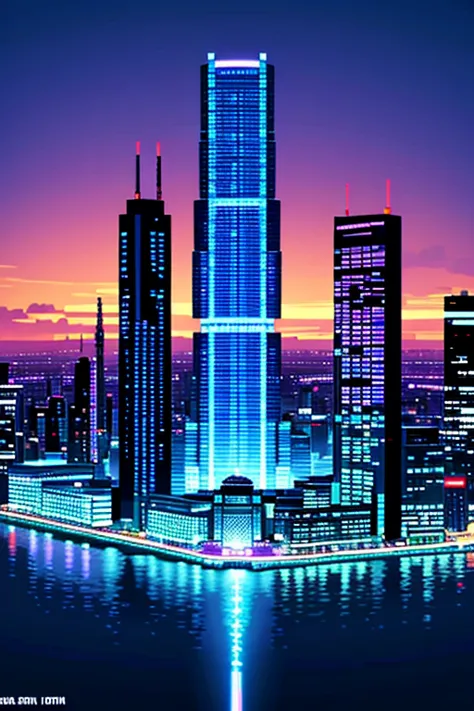 create a pixel art representation of a futuristic cityscape at sunset. the city should be depicted as a sprawling metropolis wit...