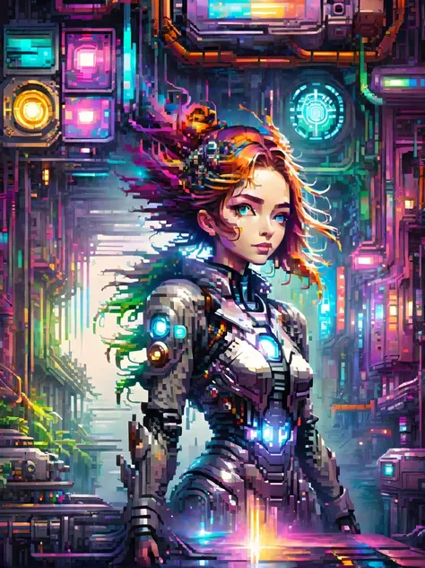 (pixel art:1.5)，cyberpunk，Steampunk，fault art，Holographic projection，mechanical aesthetics，，neon lights，laser light，fluorescence，space light，glow effect，androgynous lighting，rainbow foil，Unreal Engine，Deep hybrid minimalism，real scene：一位18 岁的女性全身站在cyberpun...