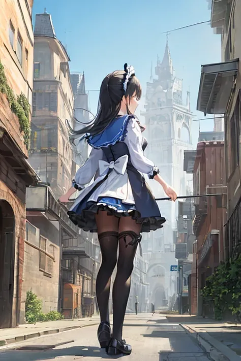 (best quality, masterpiece:1.2), outdoors, in the city, blue sky, back view, frilly clothes, black tights, pantyla,