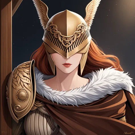 highly detailed, high quality, masterpiece, beautiful, maleniadef, armor, cape, helmet, brown dress, covered eyes, peeking out u...