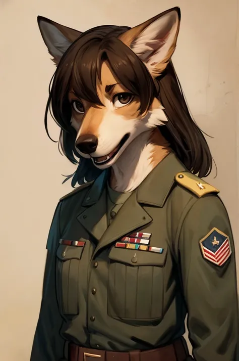 By bebebebebe, by lostgoose, by goonie-san, solo, female, standing, canine, (snout, hair), detailed eyes, looking at viewer, open mouth, soldier, military uniform, brown camo, 