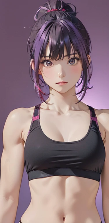 (8K、highest quality、masterpiece:1.2)、anime coloring、super resolution、Realistic、(1girl)  、(purple gradient hair,ponytail)、long straight hair,(red eyes)、(forehead:1.2),(face focus,upper body),(black sports bra,string panties :1.3)、(clear face:1.3),(cute face...