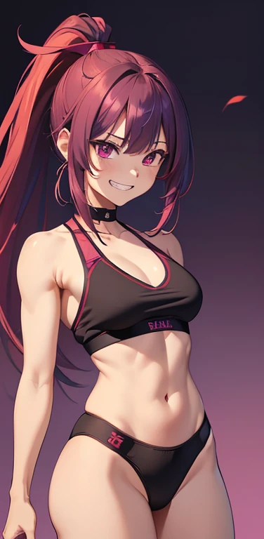 (8K、highest quality、masterpiece:1.2)、anime coloring、super resolution、Realistic、(1girl)  、(purple, red gradient hair,ponytail)、(contrapposto),long straight hair,(red eye),(forehead:1.2),(face focus,cowboy shot),(black sports bra,string panties :1.3)、(grin:1...