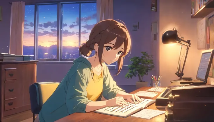 Inside a cozy room, immersed in studying, curtains are partially closed, Soft moonlight creates dancing shadows on the wall. A desk lamp casts a warm light on a desk piled with books., notebook and laptop. the person is sitting comfortably in a chair, Head...