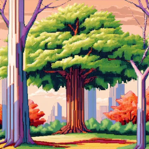 Pixel Art, pixel art maple tree, cubist painting, Neo-Cubism, layered overlapping geometry, art deco painting, Dribbble, geometric fauvism, layered geometric vector art, maximalism; V-Ray, Unreal Engine 5, angular oil painting, DeviantArt