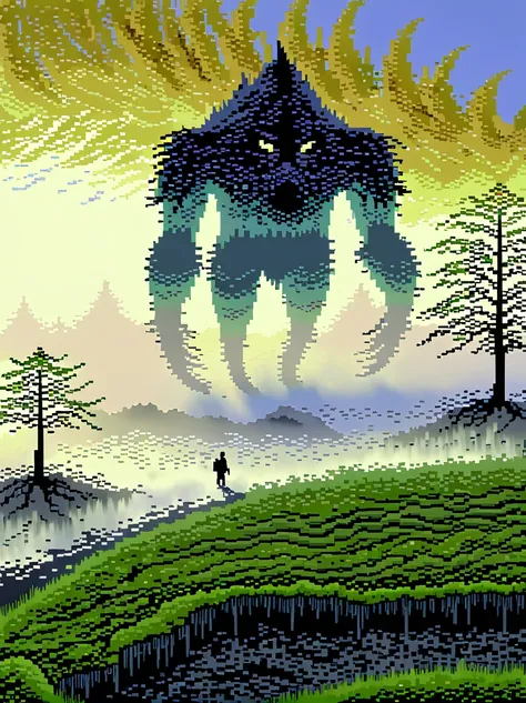 (pixel art:1.5)，foggy field, trees, ((giant creature1.5)), ((enveloped by fog:1.5)), horizon, unclear shape, towering, city skyl...