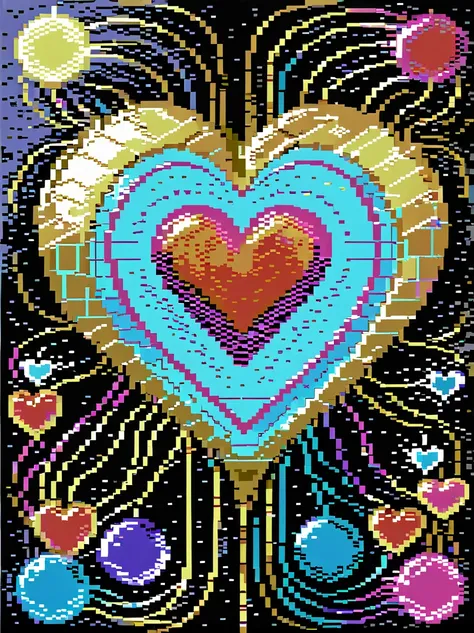 (pixel art:1.5)，(neon lights), ((circuit board), (Symmetrical photo of beautiful love heart drawn with thick brush strokes and wet paint)，golden ratio，melted wax，visible brush marks，surrounded by crystal ball，mosaic grid pattern，neuroimaging，Neurons，color，...