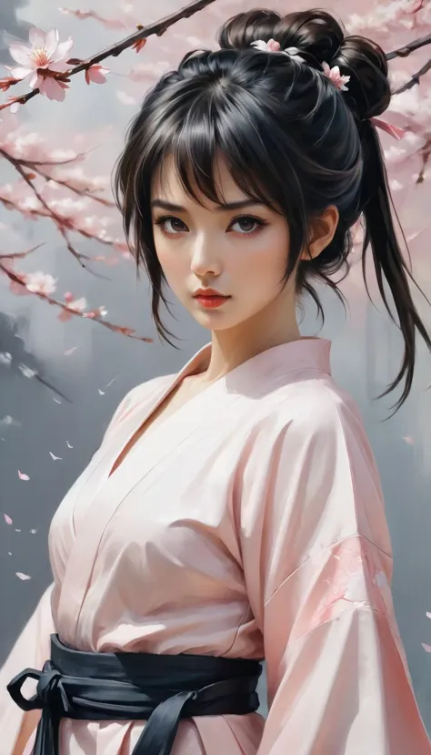 ((full body):1.2), smooth lines; Express expressions and postures through ink contrast, The background is a sakura garden. emphasize light, shadow and space. Drawing of Female Samurai, Supermodel Japanese Beauty. Black hair, (messy bangs hairstyle), ((maid...