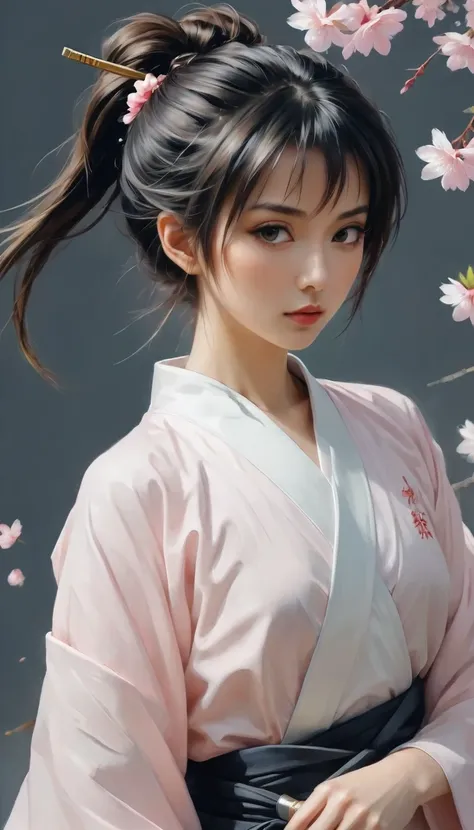 ((full body):1.2), smooth lines; Express expressions and postures through ink contrast, The background is a sakura garden. emphasize light, shadow and space. Drawing of Female Samurai, Supermodel Japanese Beauty. Black hair, (messy bangs hairstyle), ((maid...