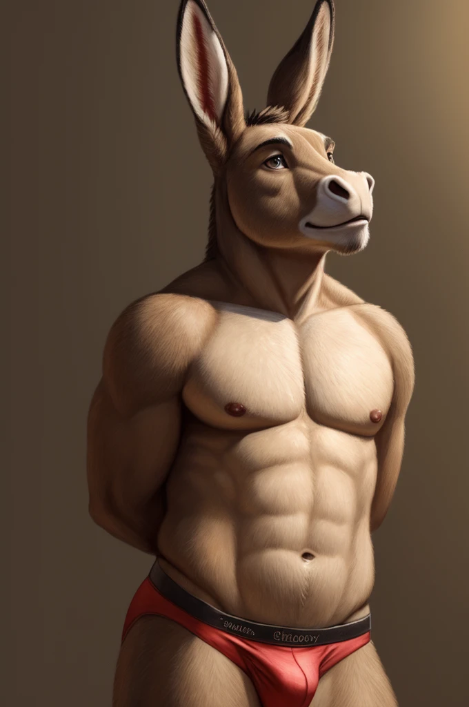 a furry male anthro Donkey standing with his hands behind his back. He is wearing underwear and is depicted in a simple background. The artwork should be in a front view perspective. The image should be of the best quality, with ultra-detailed features and...