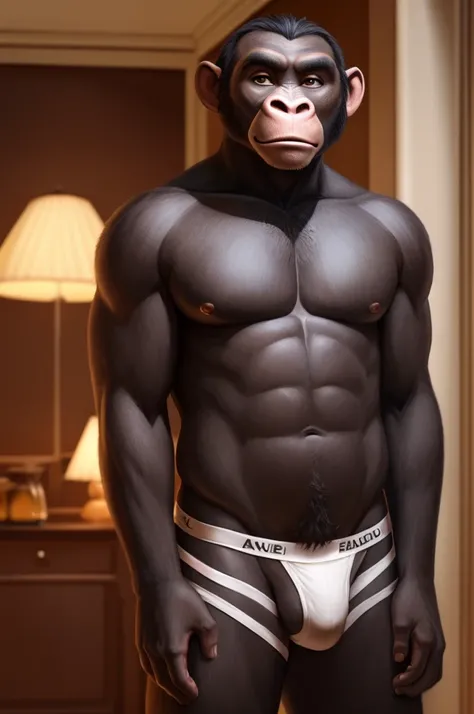 a furry male anthro Chimpanzee standing with his hands behind his back. He is wearing underwear and is depicted in a simple background. The artwork should be in a front view perspective. The image should be of the best quality, with ultra-detailed features...