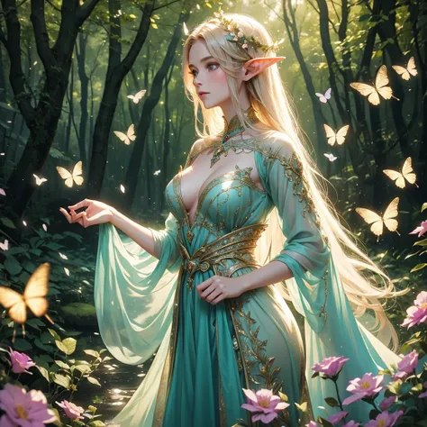 A female elf in a magical forest, enchanting eyes, delicate facial features, long and pointed ears, flowing and ethereal dress, graceful posture, surrounded by vibrant flowers and sparkling butterflies, surreal lighting and colors, dreamlike and whimsical ...