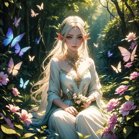 A female elf in a magical forest, enchanting eyes, delicate facial features, long and pointed ears, flowing and ethereal dress, graceful posture, surrounded by vibrant flowers and sparkling butterflies, surreal lighting and colors, dreamlike and whimsical ...