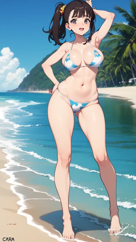 ((melhor qualidade)), (detalhado), rosto perfeito, garota na praia, de biquini, anime, dia ensolarado, correndo no mar, com corpo sexy, bunda grande e peitos grandes, cara de safada