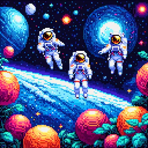 pixel art, pixelated 1980s-style astronauts float above earth in vibrant neon space with distant stars, detailed helmets, and wh...