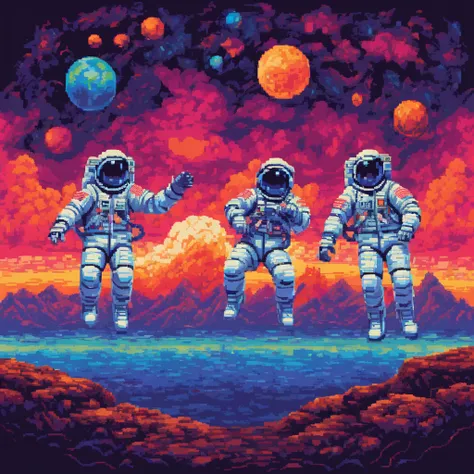 pixel art, pixelated 1980s-style astronauts float above earth in vibrant neon space with distant stars, detailed helmets, and wh...