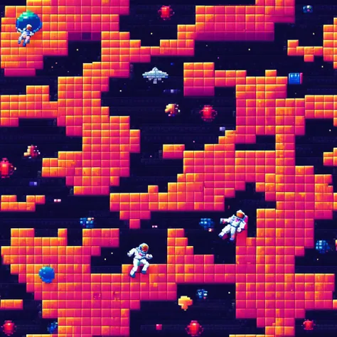 pixel art, pixelated 1980s-style astronauts float above earth in vibrant neon space with distant stars, detailed helmets, and wh...