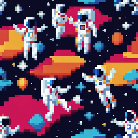 pixel art, pixelated 1980s-style astronauts float above earth in vibrant neon space with distant stars, detailed helmets, and wh...