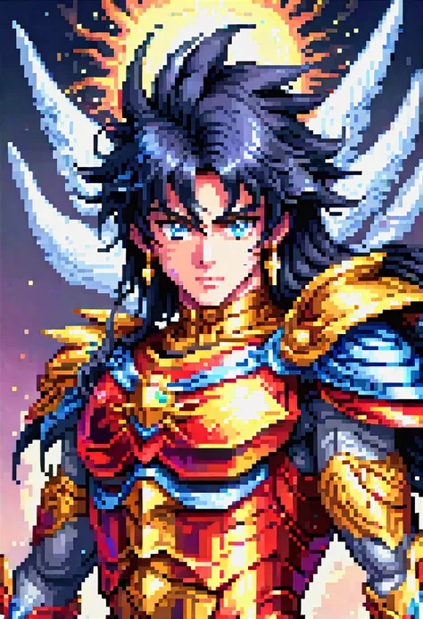 pixel art, "Saint Seiya", fantasy, (best quality, masterpiece, Representative work, official art, Professional, high details, Ultra intricate detailed:1.3)