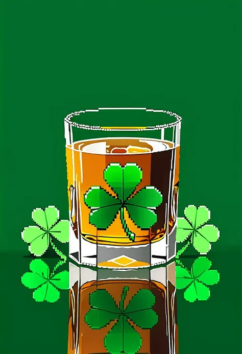 Pixel art, symbols of Saint Patrick day,  glass of whiskey on the table,  three-leaf clover next to glass (shamrock), pixel art