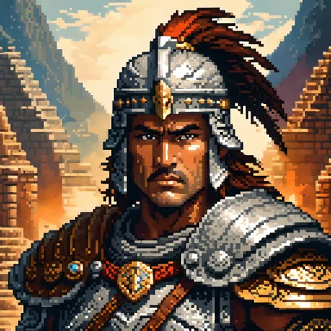 Pixel Art, Pixel art portrait of an ancient warrior, full armor, detailed pixel shading, emotive eyes, #realistic metallic textures, DSLR quality with a vintage pixelated feel, Nikon D, Wide angle lens HD 2D Pixel Art :: Pixel style :: Pixels