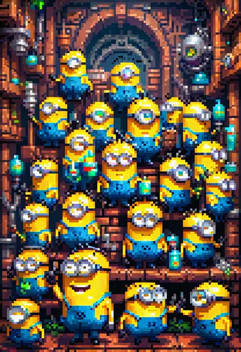 pixel art, "Minions", fantasy, (best quality, masterpiece, Representative work, official art, Professional, high details, Ultra intricate detailed:1.3)