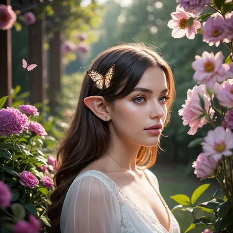 A female elf in a magical forest, enchanting eyes, delicate facial features, long and pointed ears, flowing and ethereal dress, graceful posture, surrounded by vibrant flowers and sparkling butterflies, surreal lighting and colors, dreamlike and whimsical ...