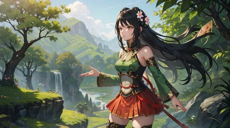 guan yinping, fighting stance, serious,  black hair, brown eyes, hair accessories, hair flower, green roof, looking at the audie...