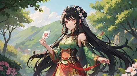 guan yinping,black hair, brown eyes, hair accessories, hair flower, green roof, looking at the audience, forest, half body, hold...