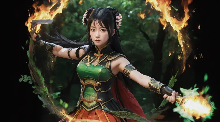 guan yinping,flame，combustion，kill，fighting stance, serious, black hair, brown eyes, hair accessories, hair flower, green roof, ...