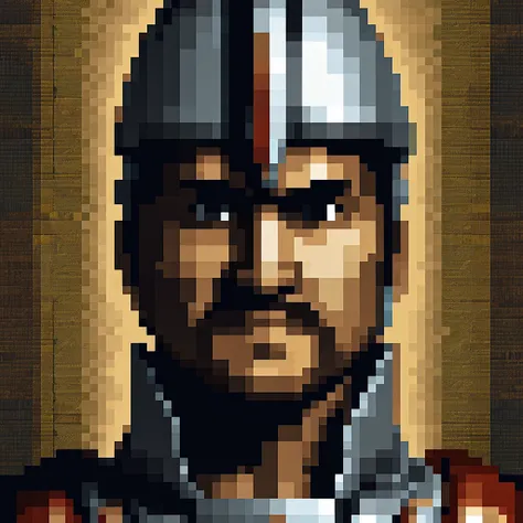 pixel art, pixel art portrait of an ancient warrior, full armor, detailed pixel shading, emotive eyes, #realistic metallic textu...