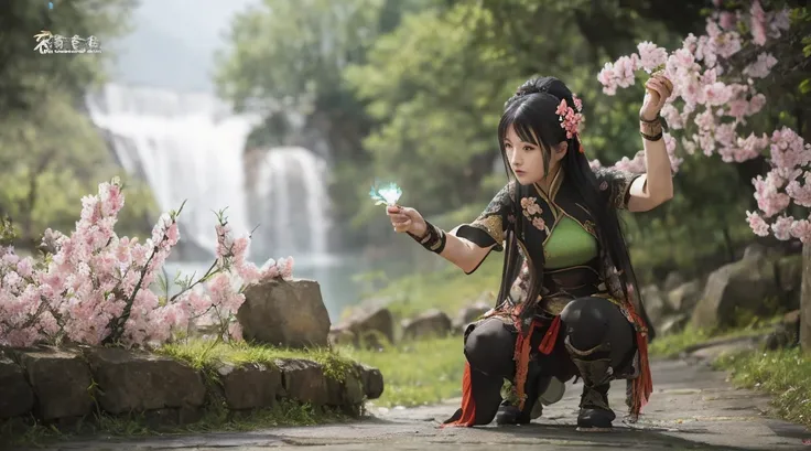 Guan Yinping,flame，combustion，kill，fighting stance, Serious, black hair, brown eyes, hair accessories, hair flower, green roof, looking at the audience, forest, Half body, Hold the card, Black stockings, permanent, 上Half body，Peach blossoms bloom，Jiuzhaigo...