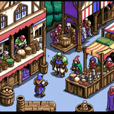 pixel art, pixel art scene of a bustling medieval market, vibrant stalls, lively characters, realistic textures, attention to de...