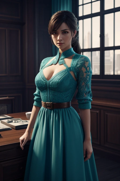 Девушка в Dior dress, Dior dress, turquoise dress, studio photo, dynamic lighting, atmospheric lighting, Ultra-detailed features, ray tracing, high illumination, 3D, cinematic lighting, dark shadows, unrealistic rendering on engine 5, super detail, trendin...